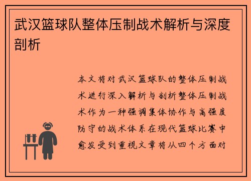武汉篮球队整体压制战术解析与深度剖析