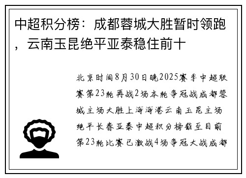 中超积分榜：成都蓉城大胜暂时领跑，云南玉昆绝平亚泰稳住前十