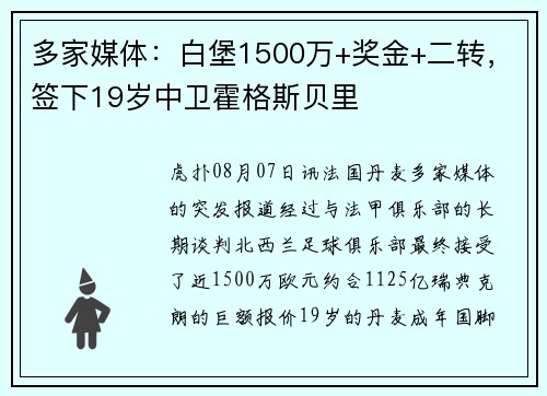多家媒体：白堡1500万+奖金+二转，签下19岁中卫霍格斯贝里